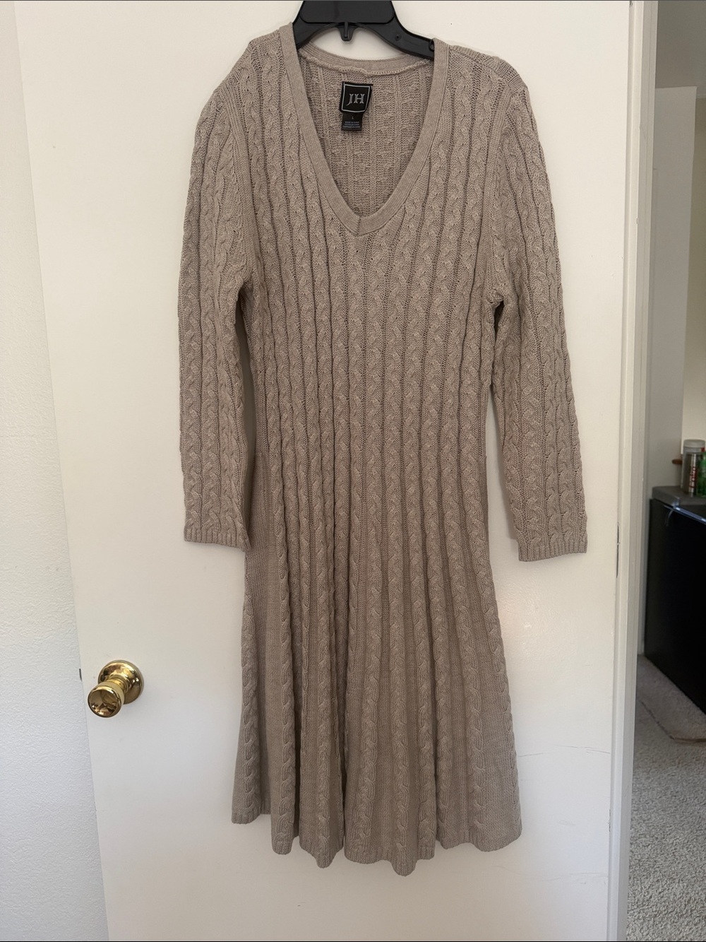 JH Collectibles Taupe Cable-Knit V-Neck Long Sleeve Dress